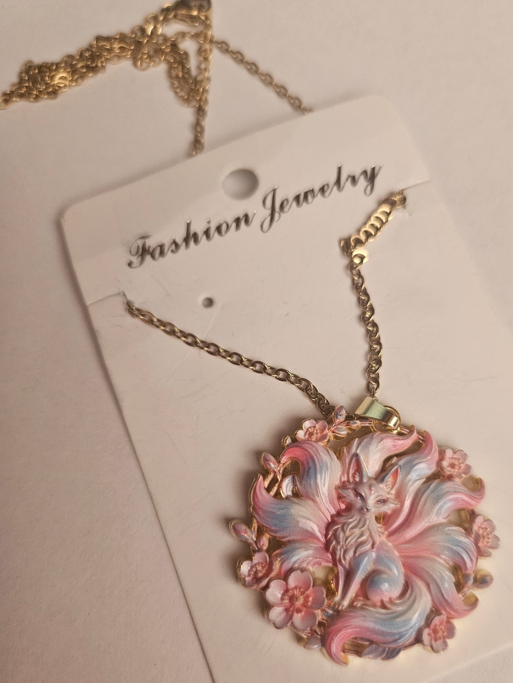 Fashion Jewelry Pink and Blue Fox Medallion Necklace